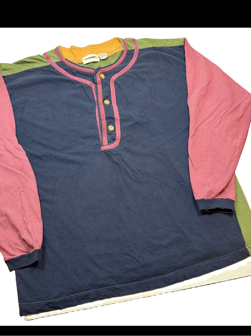 Gitano 90s Blue Green Henley Button Neck Shirt Color block Men’s L Long Sleeves